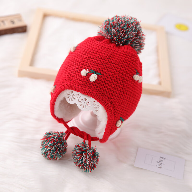 贝迪牛婴儿帽子冬季加厚毛线帽女童可爱护耳加绒针织保暖帽0-3岁套头 红色樱桃加绒帽 参考帽围44-50cm