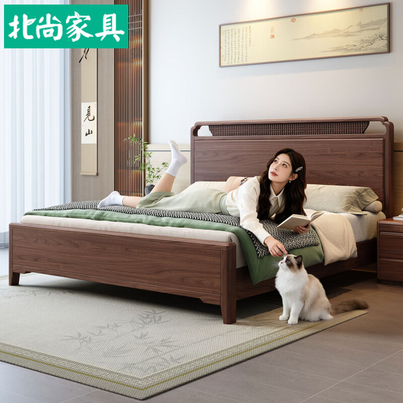 北尚（Sit Down）新中式胡桃木实木床双人床1.8米宋氏美学家用主卧室大床轻奢婚床 实木床+全乳胶床垫+床头柜*1 1.8M*2M 家具结构 框架结构+静音床板