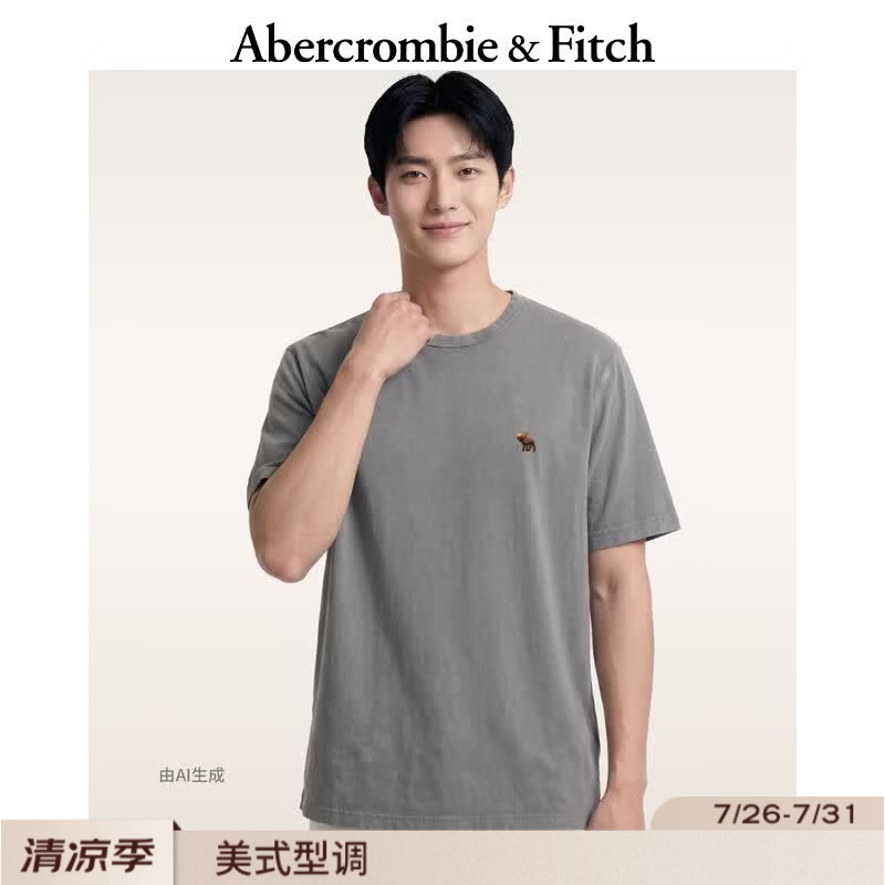 Abercrombie &amp; Fitch经典小麋鹿图案美式情侣纯棉水洗T恤26夏男装女装124-6075 深灰色 M (180/100A)