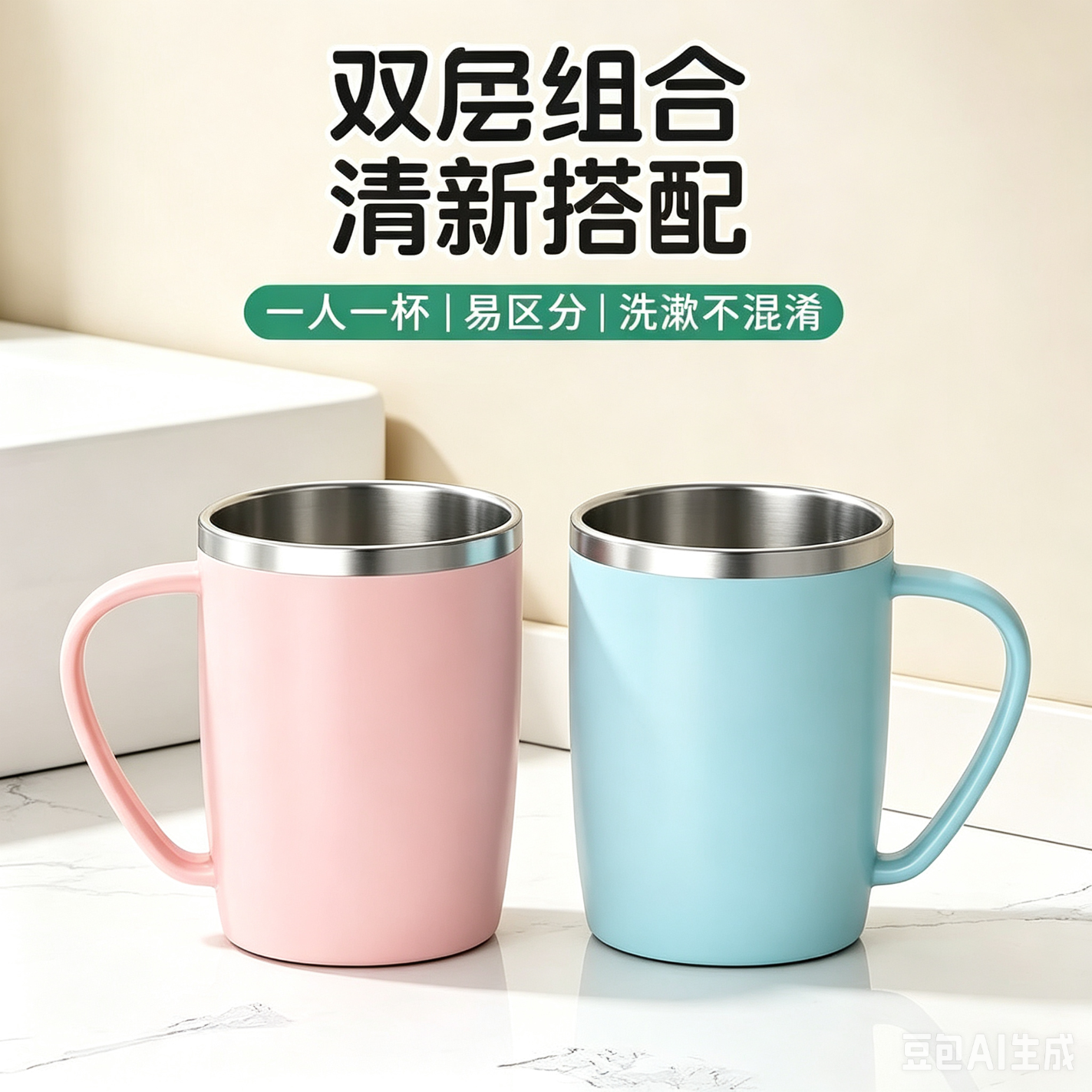 【食品级400ML】304不锈钢洗漱杯马克杯家用高颜值情侣水杯h 【两口之家】粉色+蓝色