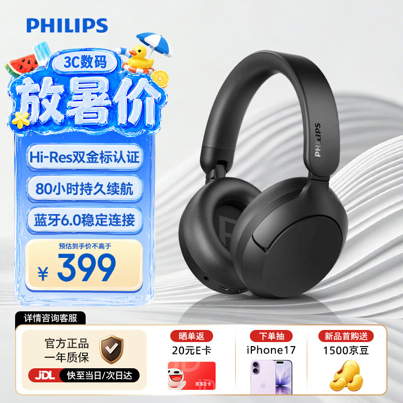 飞利浦（PHILIPS）头戴式无线蓝牙耳机ANC Pro主动降噪双金标HiFi音乐耳机新款超长续航适配苹果华为 TAH6000黑