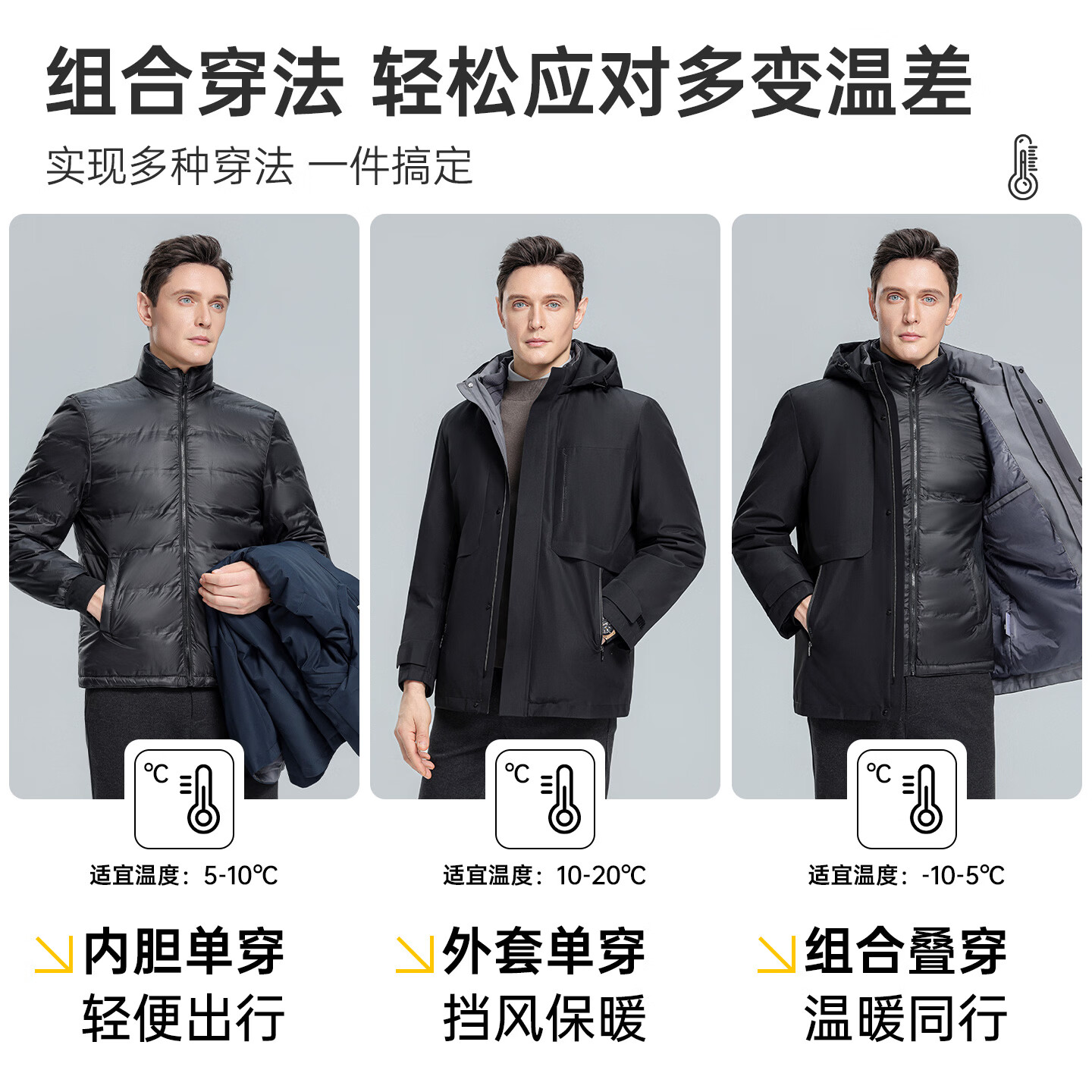 罗蒙(ROMON)一衣多穿可拆卸内胆连帽鹅绒羽绒服男士中长款加厚防寒服爸爸外套 黑色 4XL 195(适合185-200斤)