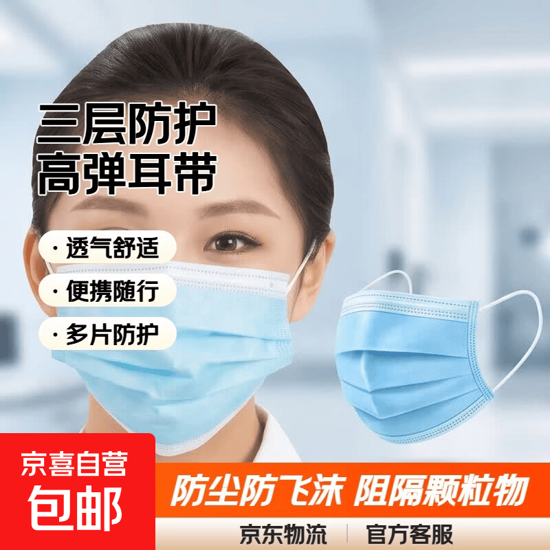 一次性防护口罩 三层防护高弹耳带舒适透气 劳保防尘防飞沫防花粉阻隔颗粒 【拍两单才发货】3只/袋