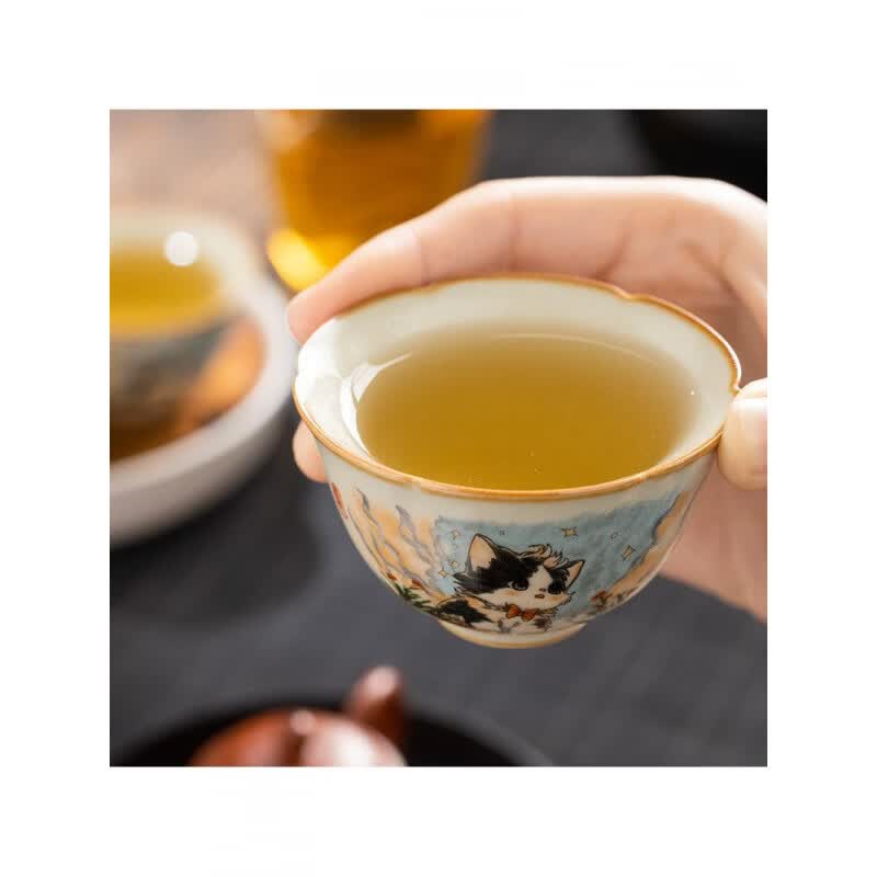 汝窑开片猫型品茗杯可爱猫葵口茶杯个人冰裂釉茶盏 汝窑可爱猫葵口杯 200mL以下