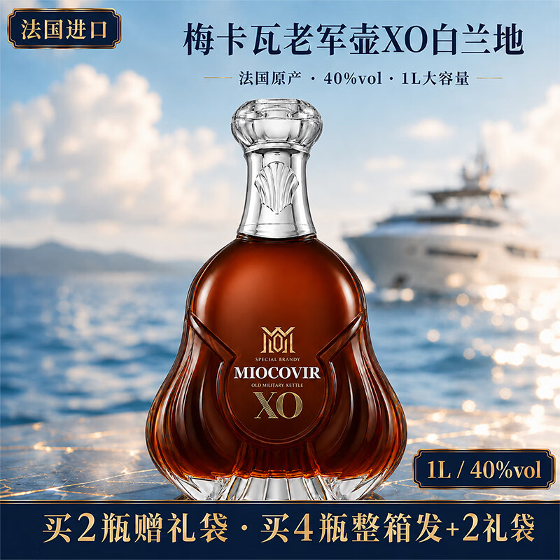 梅卡瓦老军壶法国进口XO白兰地洋酒烈酒40°酒送礼宴请商务1L大容量酒 梅卡瓦老军壶xo白兰地 1000mL 2瓶