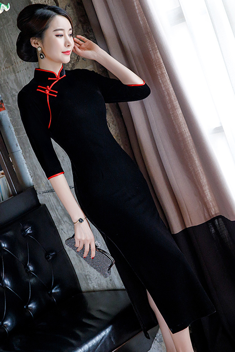 Ω【品质精选】纯色旗袍女秋季新款中老年金丝绒长款日常妈妈装 黑色