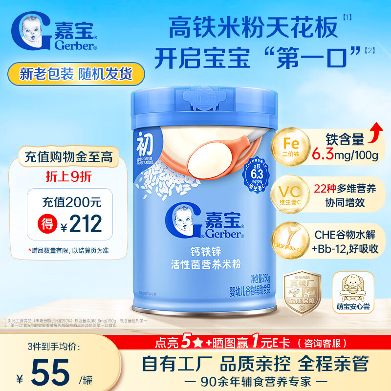 嘉宝（GERBER）强化钙铁锌高铁米粉婴幼儿宝宝辅食米糊维C+铁250g6月+100%真验厂