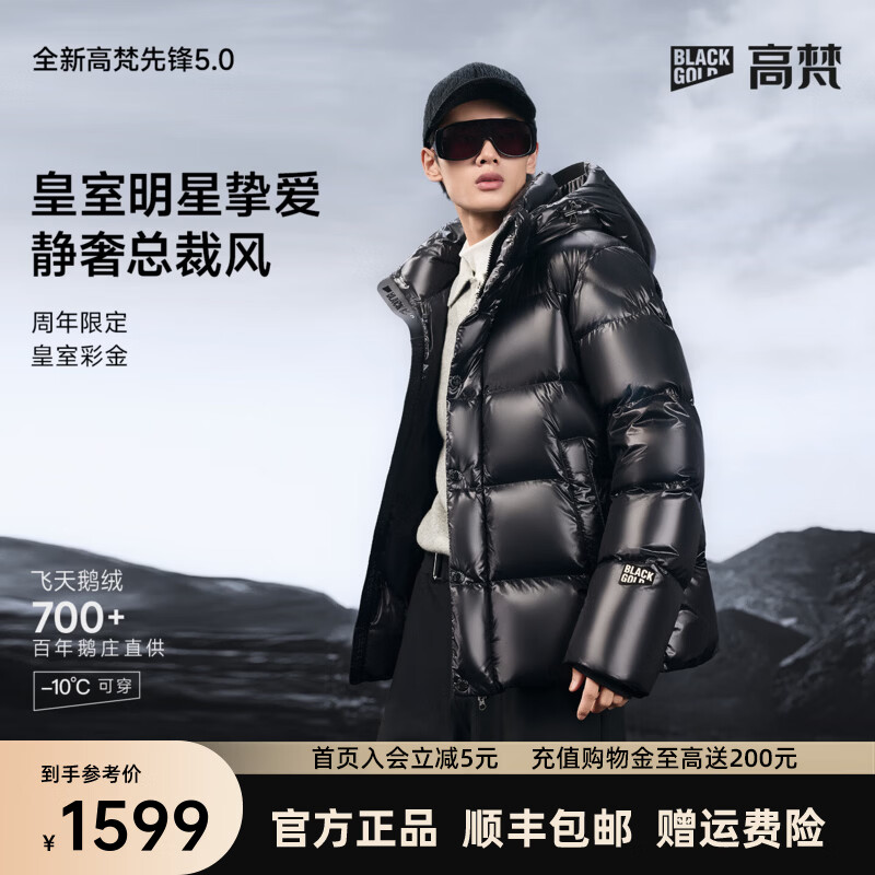 高梵【明星同款】黑金鹅绒服先锋5.0五格冬季可拆卸连帽男士羽绒服 黑色 XL 【140-150斤 飞天鹅绒242g】