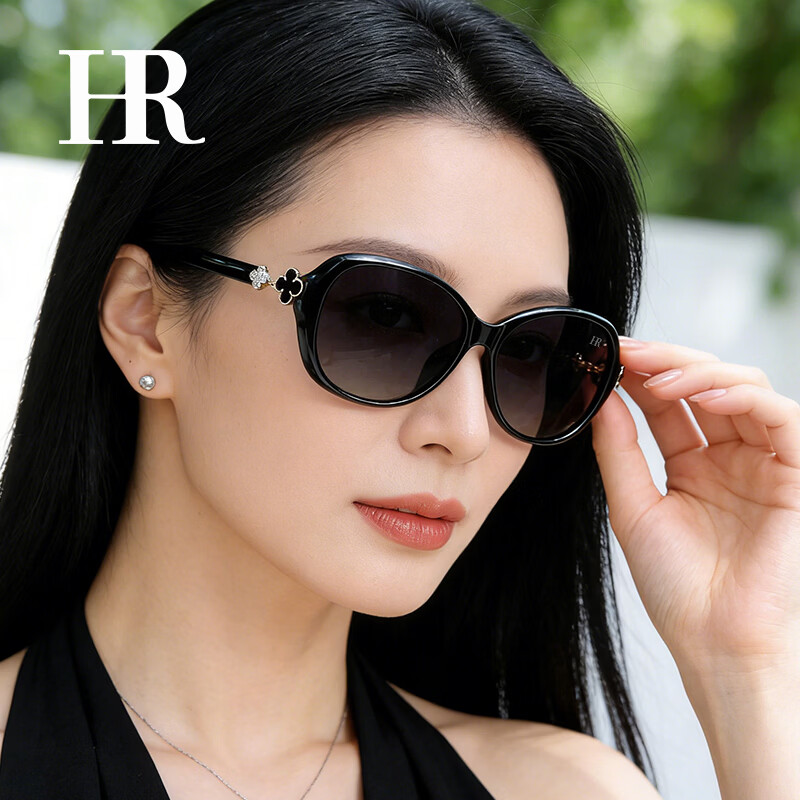 HR墨镜女时尚潮流偏光太阳镜开车防晒防紫外线生日礼物送女友 【品牌高定礼盒】HYJ060黑框全灰片