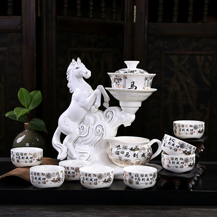 珍力全半自动茶具套装创意陶瓷懒人防烫功夫泡茶器家用礼品生肖马 青花招财马