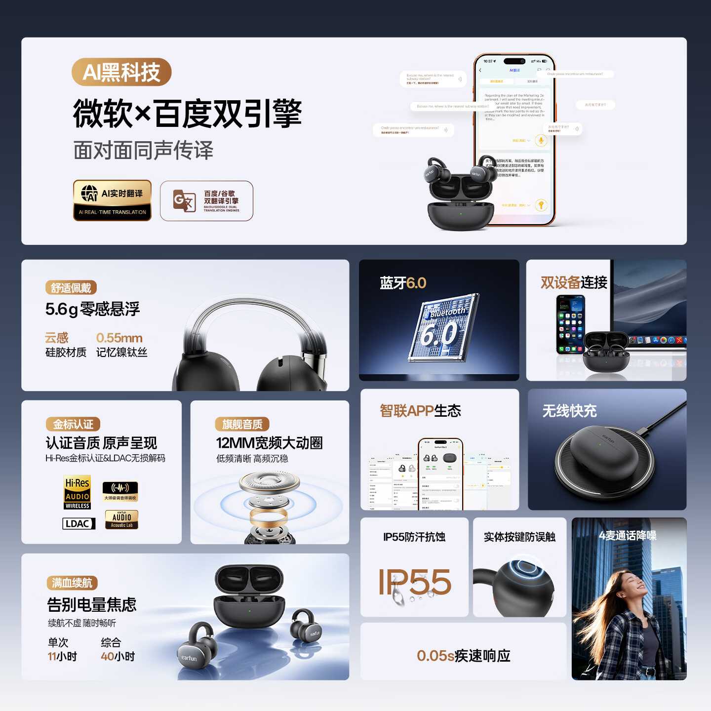 EarFun 丽耳【2026新品】Clip2开放式耳夹耳机 AI翻译 LDAC音质运动骑行防掉 IPX5防水通话降噪超长续航气传导 AI翻译丨40H续航丨双磁振膜 玄夜黑 支持7天试用丨退货包运费丨18个月质保