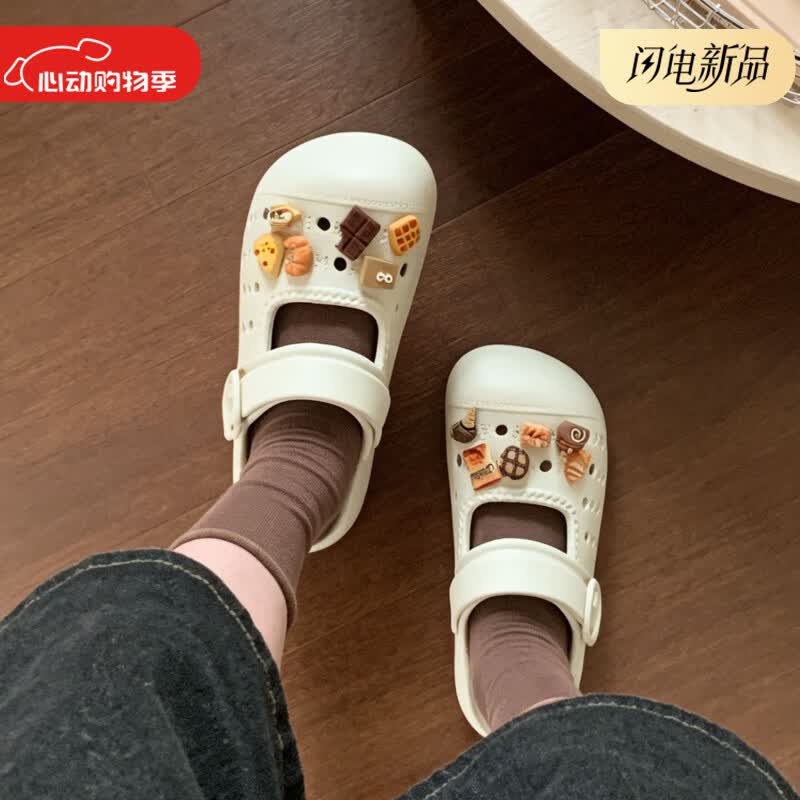 细细条（XIXITIAO）趣味少女心沙滩玛丽珍diy立体巧克力披萨透气EVA足弓支撑女夏凉拖 浅棕色巧克力披萨【防滑软底】 36-37 【标准码】