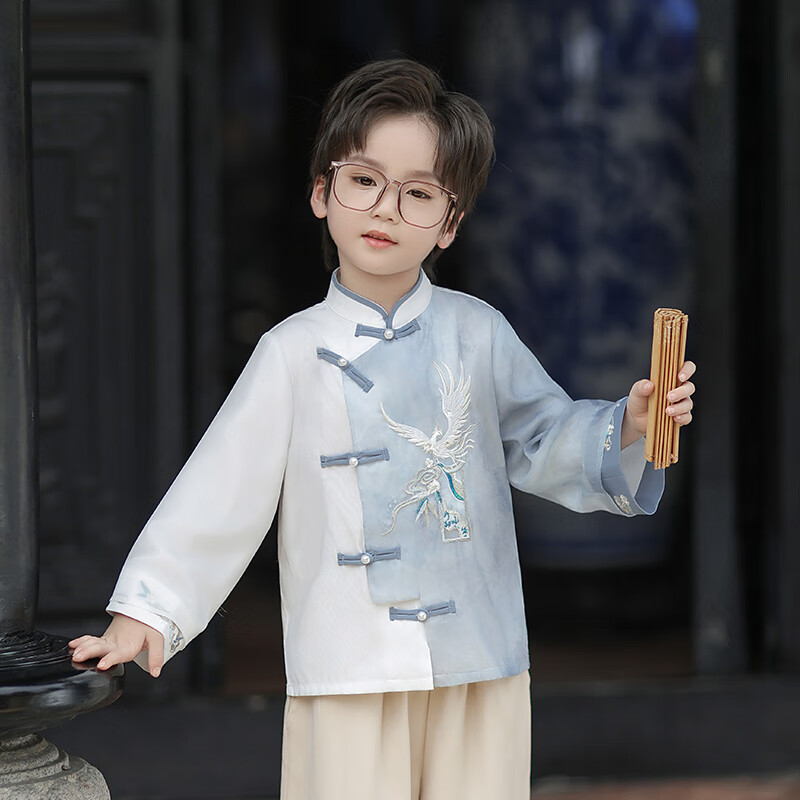 旗鉑漢服男童春秋款兒童2025新款國風(fēng)新中式古裝春季古風(fēng)唐裝套裝 鴻影長袖套裝 140