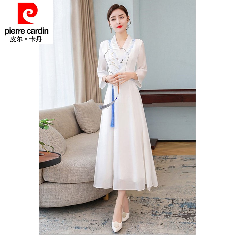 皮尔卡丹品牌高档女装中国风优雅女装古风复古改良汉服白色长裙古装