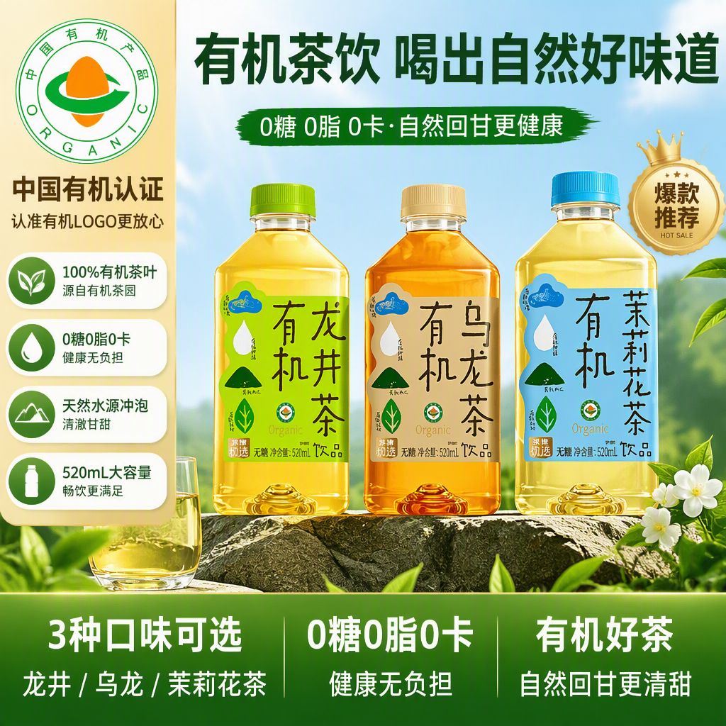 华洋无糖有机茶饮料 龙井乌龙茉莉花茶饮料 【15瓶整箱装】有机龙井茶520ml
