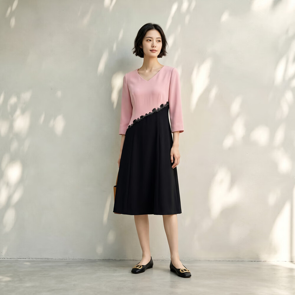 邹茉漫夜玫瑰】假两件连衣裙女春季法式高级感修身气质中长款裙子 粉色 S