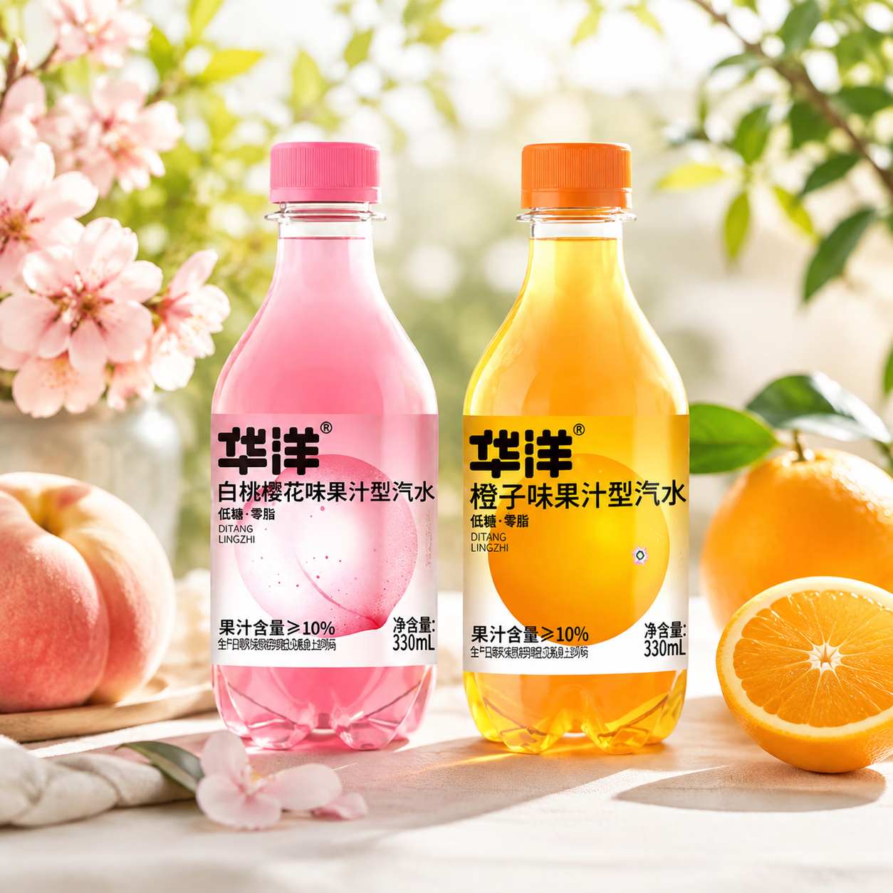 华洋白桃樱花味气泡果汁型饮料凤梨味果汁型汽水低糖零脂 白桃樱花12瓶+凤梨味12瓶+橙子味12瓶