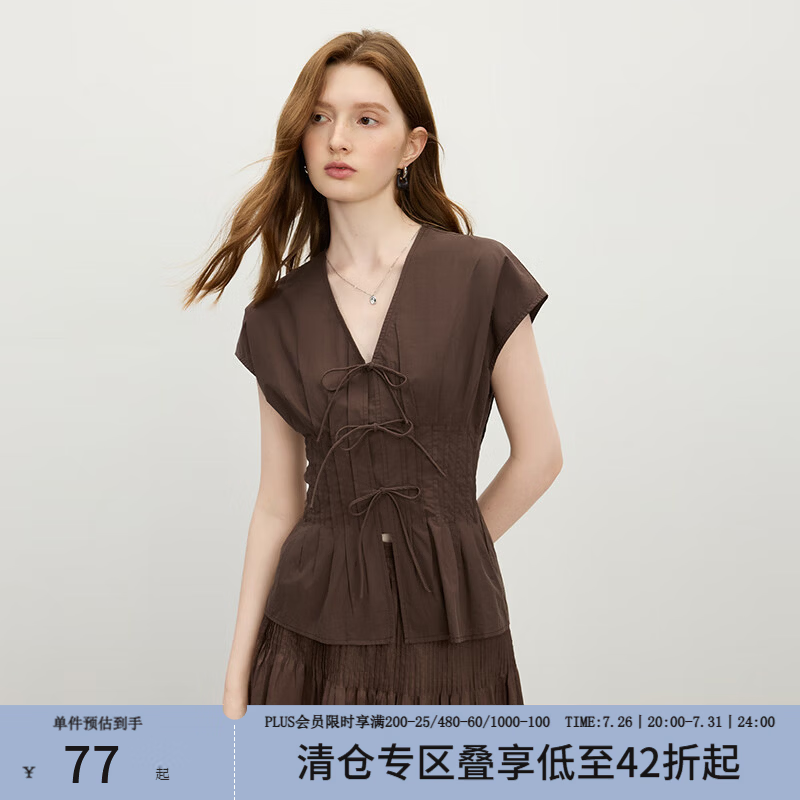 范思蓝恩摩登蝴蝶结系带收腰衬衫女2025夏新款连肩袖v领上衣2737 咖啡色 L