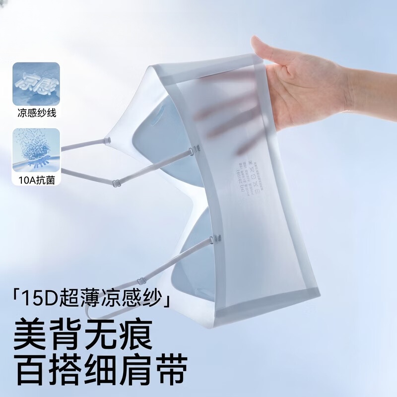 猫人凉感美背内衣女夏季薄款小胸聚拢防下垂细肩带无痕隐形文胸罩 浅蓝+黑色 【两件更优惠】 M 薄杯【34/75ABC杯 约80-105斤】