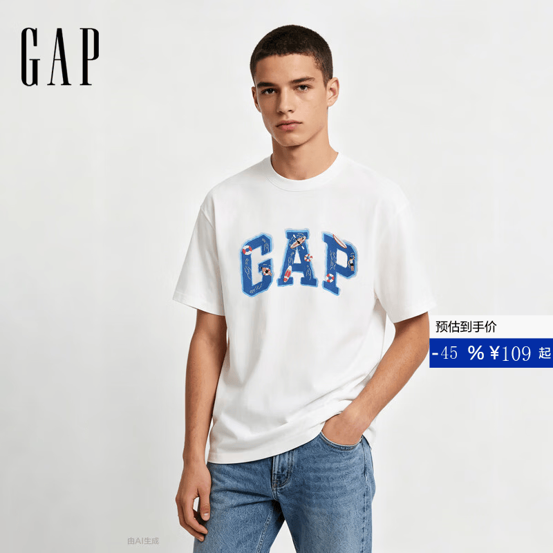 盖璞Gap男女装2026夏季新款纯棉logo印花沙滩圆领短袖T恤上衣891400 白色 L (175/96A)亚洲尺码
