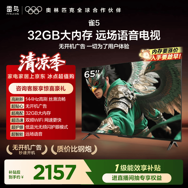 TCL雷鸟【固定挂架送装一体】雀5  25款65英寸144Hz高刷 智能平板电视机65F295C