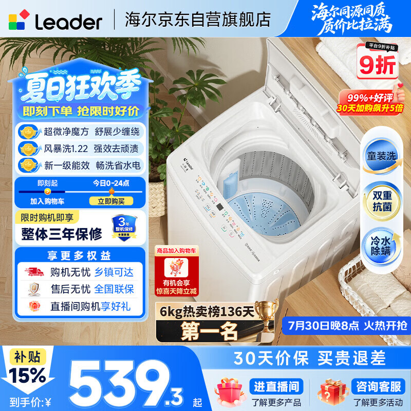 统帅（Leader）海尔出品 悦己波轮洗衣机全自动出租房6公斤小型儿童婴儿京东自营国家补贴XQBL60-M20D0