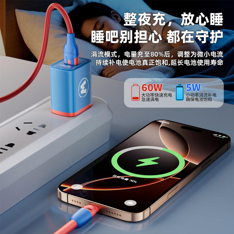 巨捷快充氮化镓玛丽充电器适用于安卓全系机型低温快速充电红蓝搭配type-c口通用 快充头+2米快充线