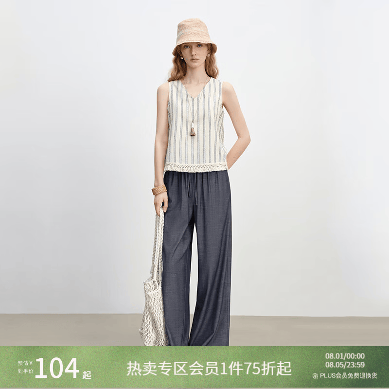 自巧小个子波嬉度假风复古条纹背心女2026夏季新款亚麻无袖上衣 蓝白条 S （3码）
