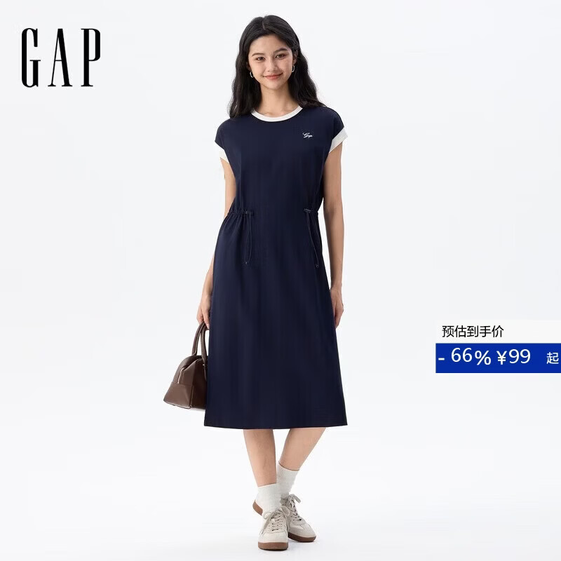 盖璞（GAP）女装夏季款刺绣logo抽绳收腰中长棉质无袖连衣裙764900