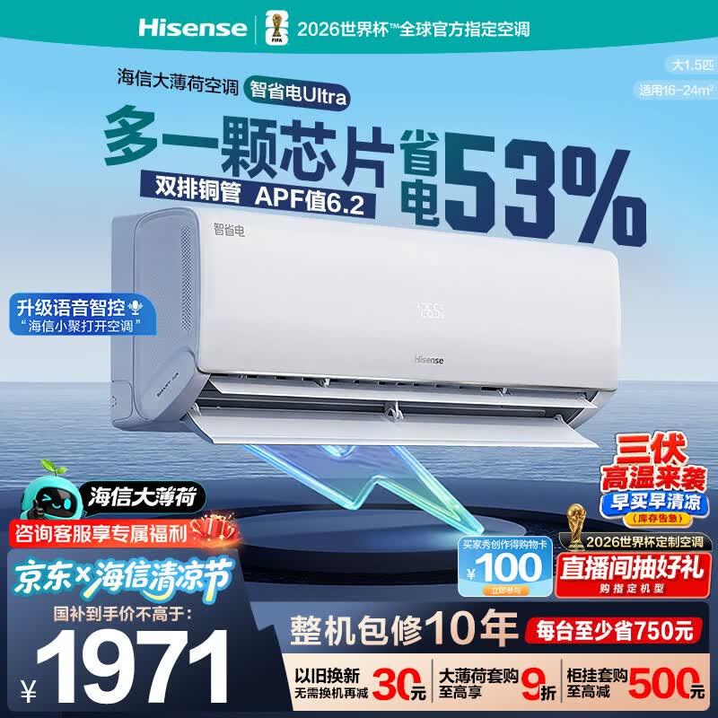 海信空调智省电ultra大薄荷大1.5匹一级冷暖挂机外机双排纯铜管世界杯定制KFR-35GW/A330UPro-X1（白）