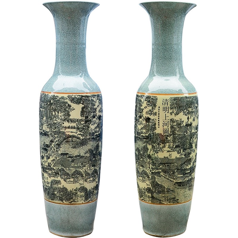 厚古薄今景德镇陶瓷仿古裂纹釉清明上河图落地大花瓶客厅工艺品大摆件