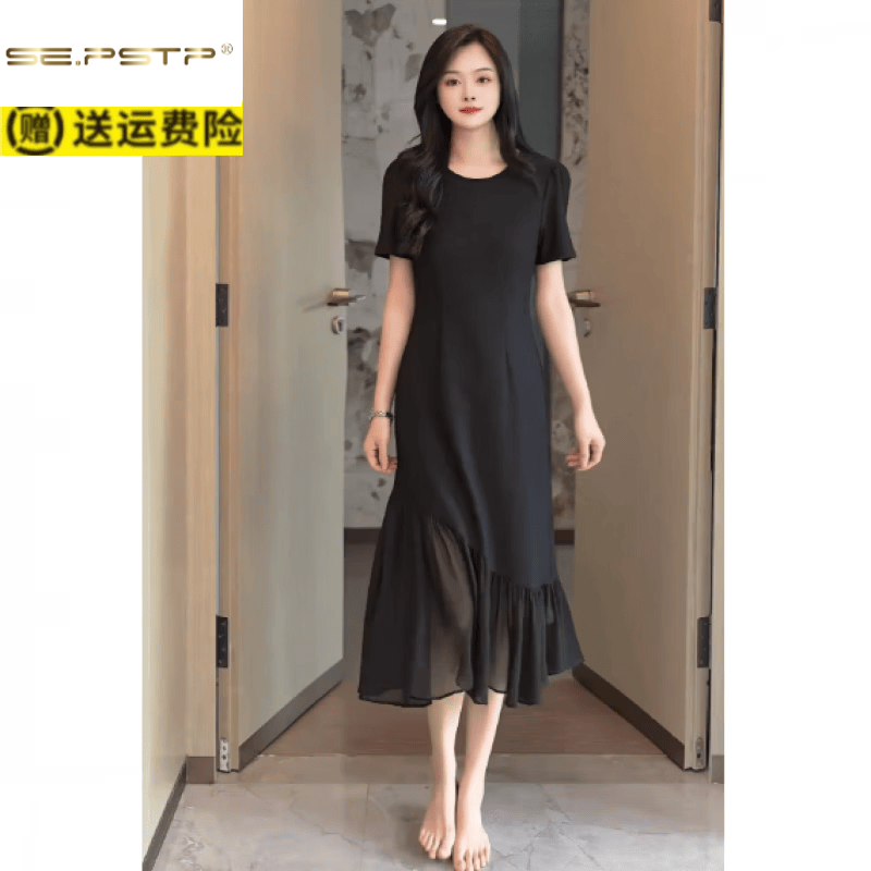 夏典素订女王(SE.PSTP)色赫本风经典连衣裙女2026夏季新款气质显瘦不规则小黑裙鱼尾裙瘦 黑色 L 建议115-130斤