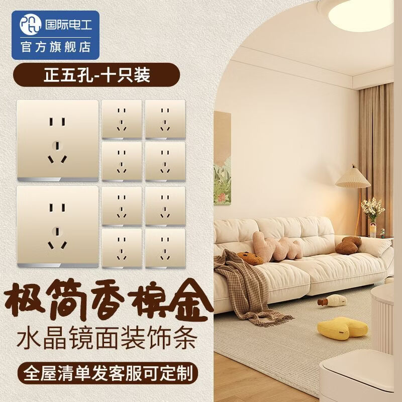 国际电工86暗装超薄全屋家用开关插座套装五孔插座带镜面装饰条H4 H4简约风带镜面装饰条全屋开关插座面板【玛瑙黑】	 正位五孔10只装【有清单发客服享优惠丨全屋一次配齐】 京东折扣/优惠券