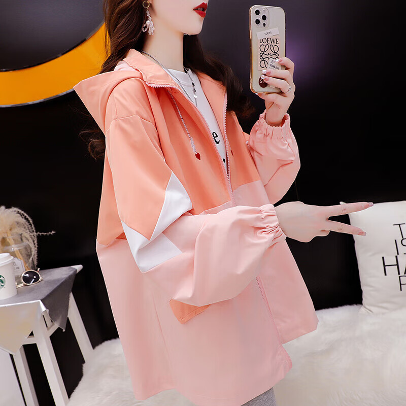 连帽工装外套女秋冬薄款2023新款秋冬洋气宽松休闲百搭设计感 粉橘色