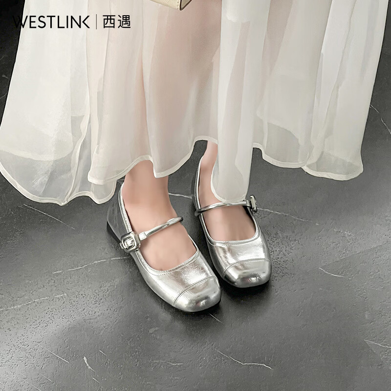 西遇（Westlink）银色粗跟单鞋新款春季法式配裙子小香风女鞋中跟玛丽珍鞋 银色 付款20天 36 (230)