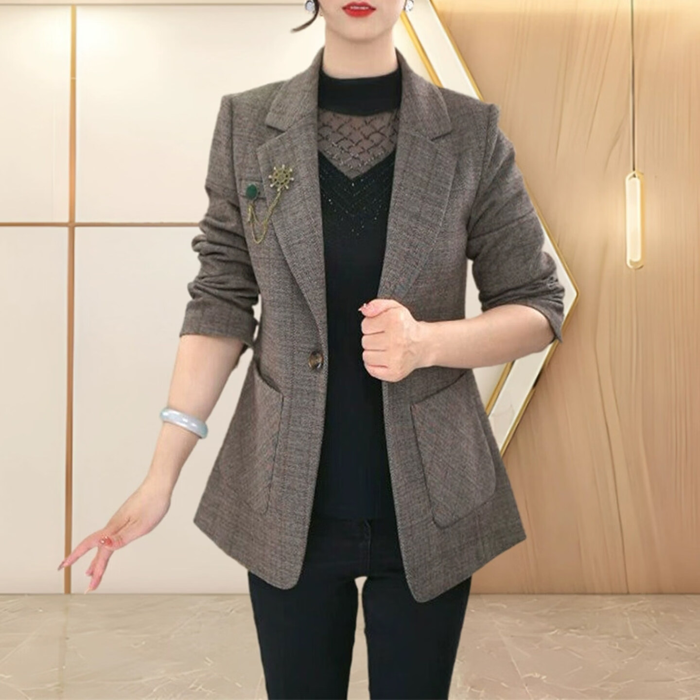 香影芬女士小西装外套春秋季妈妈气质名媛高级感高端品牌小个子西服上衣 咖色 L 建议106-115斤