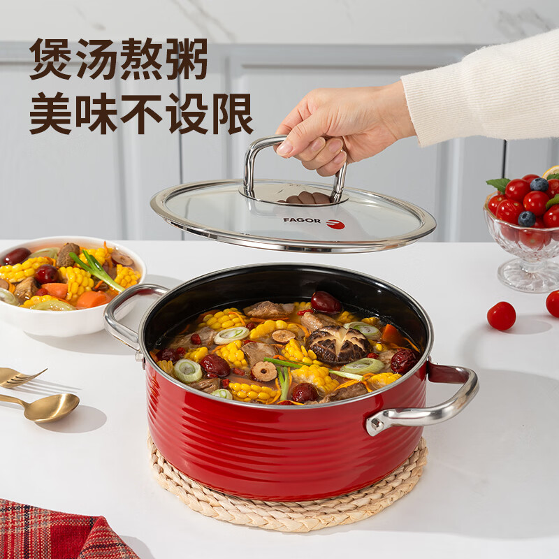 FAGOR法格西班牙工艺不锈钢珐琅汤蒸锅24cm酷彩米红色煤气电磁炉蒸锅 红色 24cm