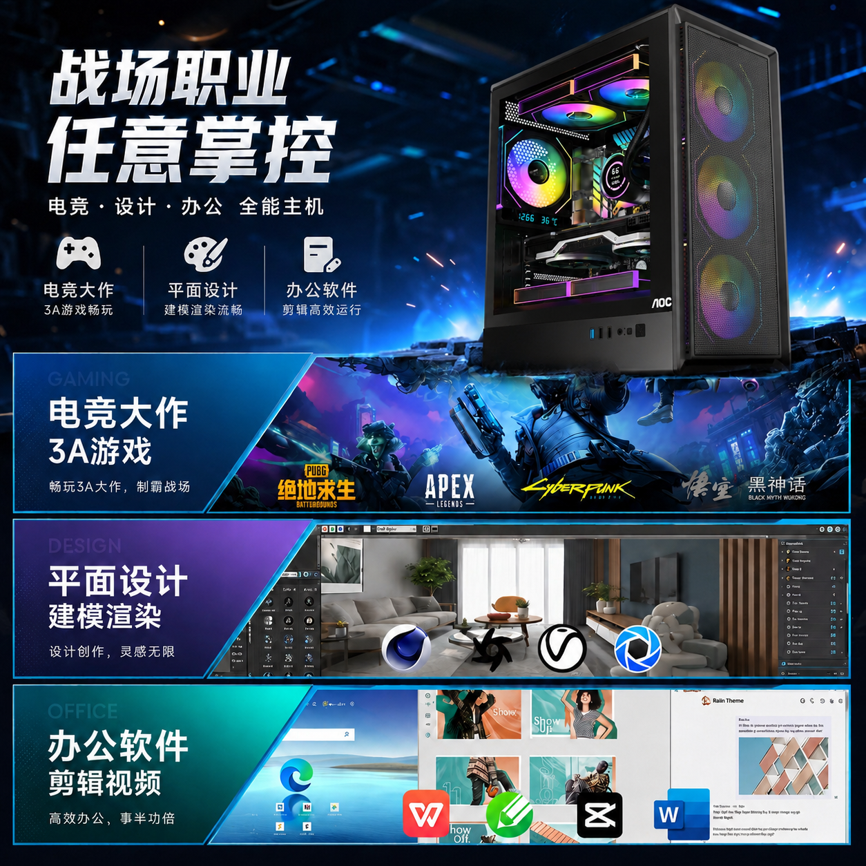 AOC英特尔酷睿14代酷睿I7+酷睿i5办公台式电脑主机整机组装机家用设计游戏电竞RTX5050RTX5060海景房 一：i7级36芯|16G|1TB丨2G高清独显 AOC主机+【6年质保+国行发票】