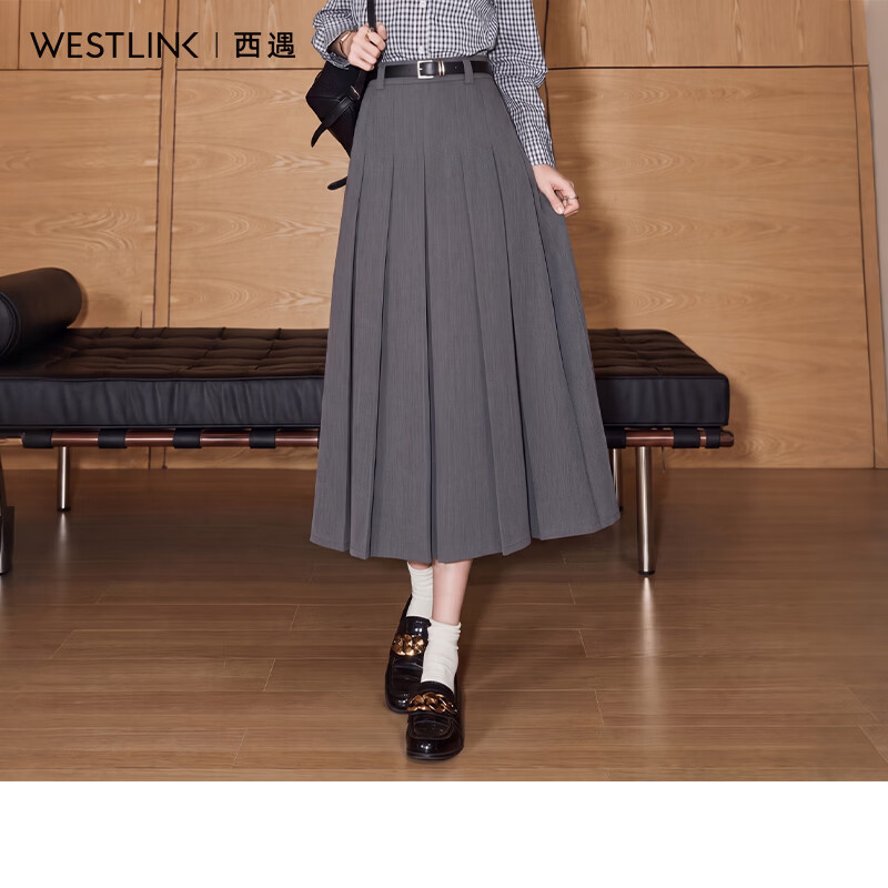 西遇（Westlink）2026秋季新款灰色西装A字裙百褶裙学院风通勤百搭时尚感半身裙女 灰色 L (165)