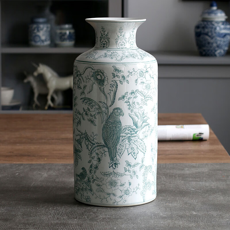 朴珀妮鹦鹉花卉纹青花瓷花瓶陶瓷国风新中式水养客厅插花花器装饰摆件