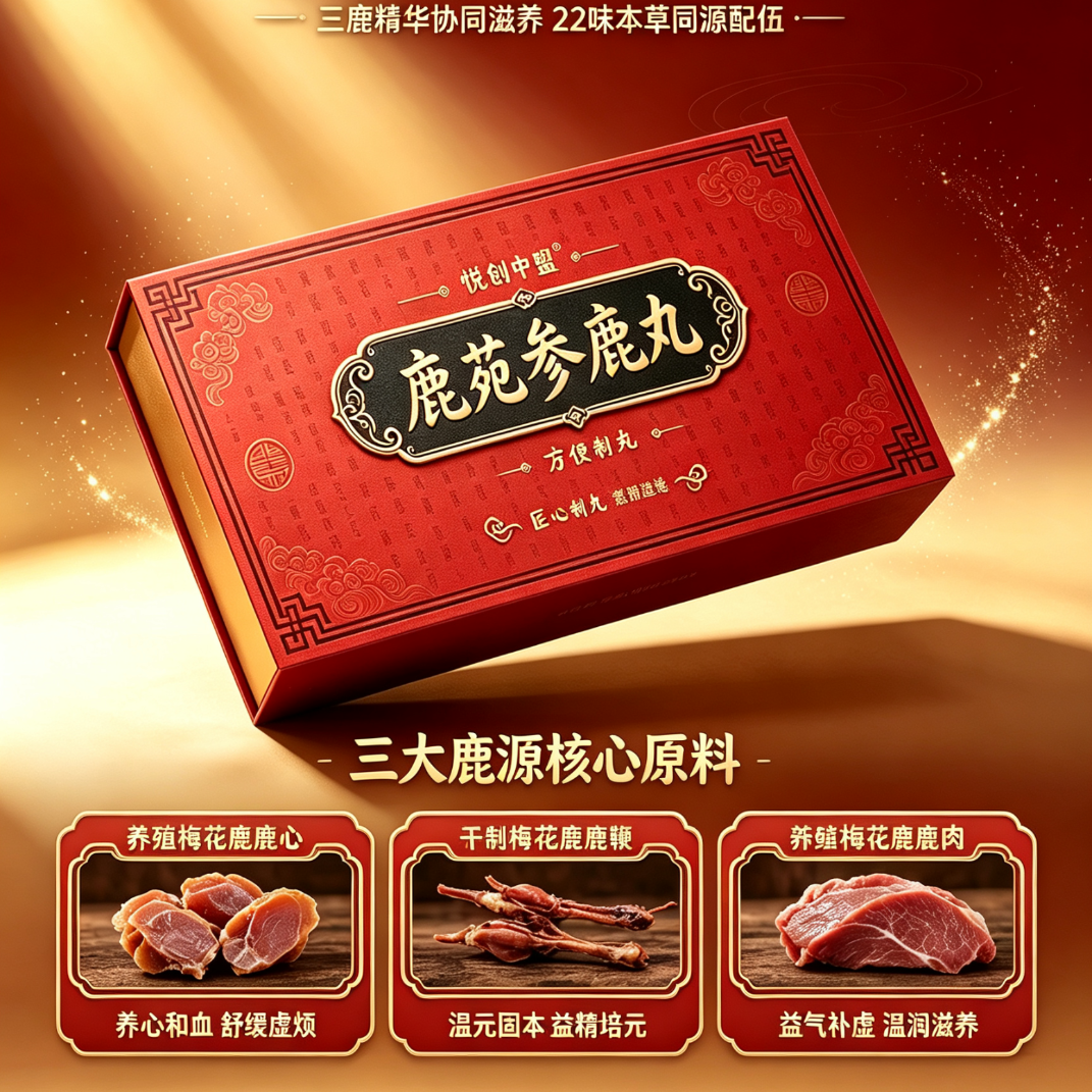 悦创中盟鹿丸参鹿丸鹿鞭持久补肾人参 传统古法滋补参鹿丸 12粒*5盒 加送三罐共81颗