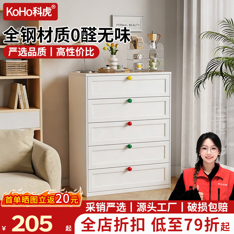 科虎斗柜家用五斗柜钢制收纳柜铁艺储物柜 二斗60cm宽玉瓷白【彩色拉手】