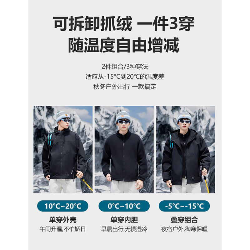 JEEP SPIRIT冲锋衣男女2026新款三合一户外登山防风防水运动登山外套 黑色【三合一】 XL （建议体重130-150斤）