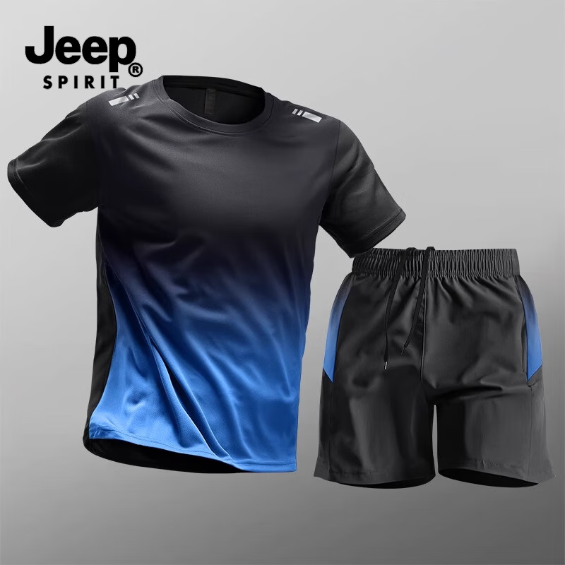 JEEP SPIRIT吉普运动套装男士夏冰丝速干衣健身t恤跑步短袖短裤羽毛球训练服 黑蓝 XL (建议体重115-130斤) 京东折扣/优惠券