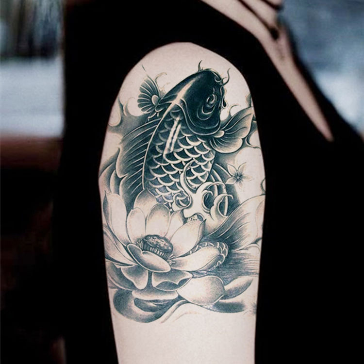 纹身贴洗不掉锦鲤莲花富贵鱼防水纹身贴男女鲤鱼锦鲤手臂仿真花臂小腿