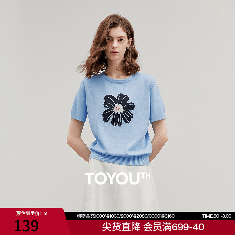 初语绿绒蒿提花针织衫女26夏季新款植物系撞色清新短袖小衫上衣 天蓝色 L