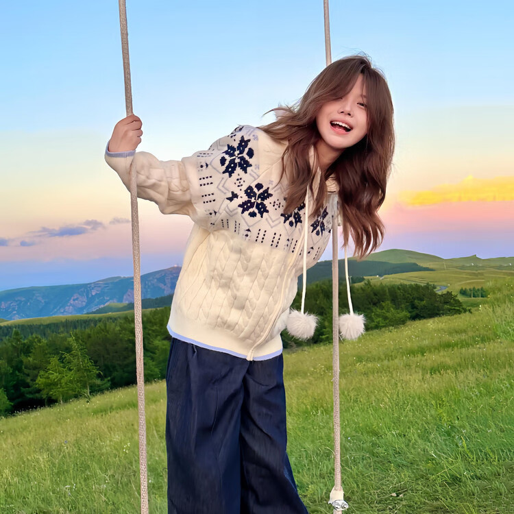 浪莎费尔岛毛衣秋季女宽松慵懒感连帽针织衫外搭保暖百搭开衫卫衣外套 米白色 【费尔岛开衫】 均码 【建议80-140斤】