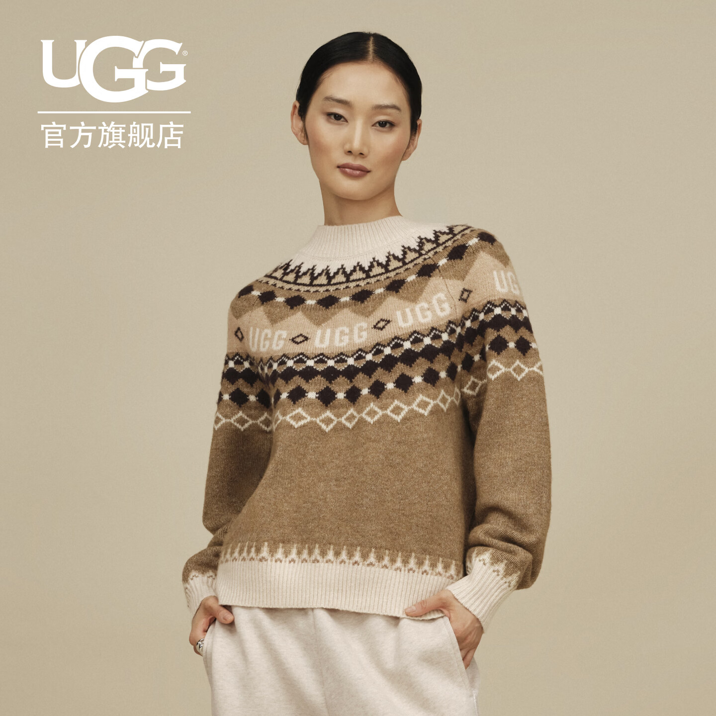 UGG秋季新款女士舒适休闲宽松廓形徽标图案圆领针织衫毛衣 1180616 CFFG | 咖啡色 XS