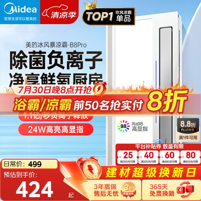 美的（Midea）凉霸厨房卫生间集成吊顶照明一体遥控排气换气吹风负离子除菌B8P