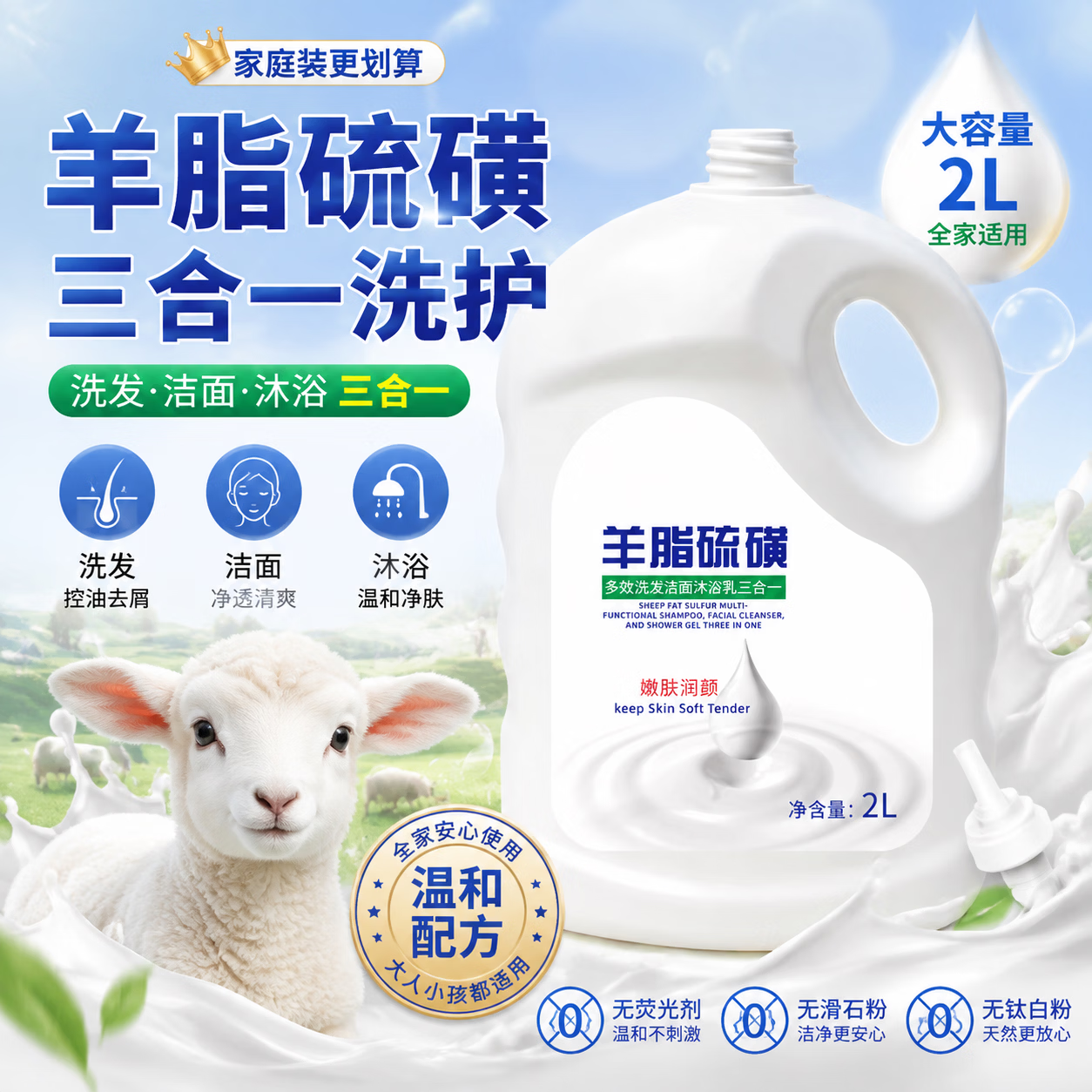【超大容量4斤】羊脂硫磺皂多效沐浴露洁面洗发沐浴三合一留香 【超大容量4斤】羊脂硫磺洗发沐浴洁面三合一沐浴露*1